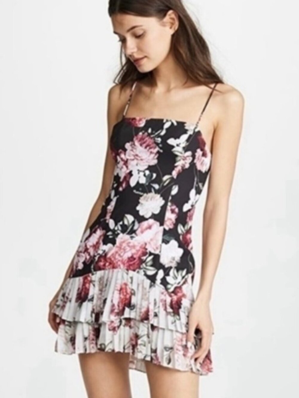 Fame & Partners “Oksana” Floral Dress Black & Pink Print Pleated Skirt Women’s 6
